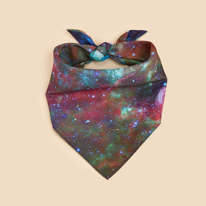 Furbud Galaxy Print Bandana worn around neck showing galaxy design