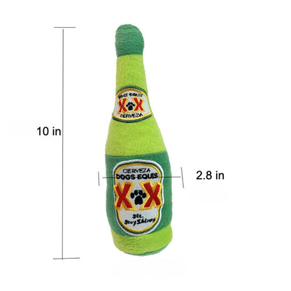 Petkin plush dog beer toy lying flat with visible embroidered details