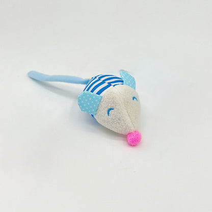 Striped mouse cat toy with alternating light and dark stripes on a plain background