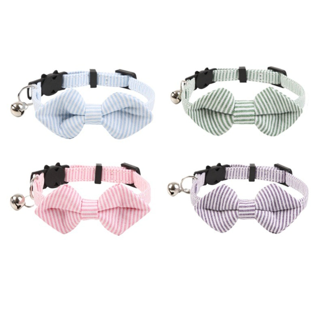 Mokka striped bow tie cat collar with bell displayed on white background