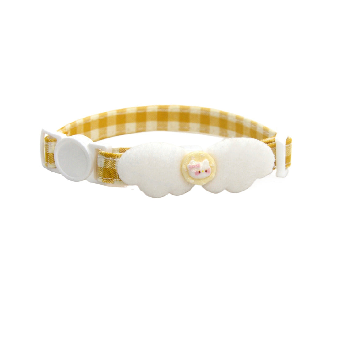 Close-up of Mokka gingham wing breakaway cat collar showing black plastic buckle and metal ring