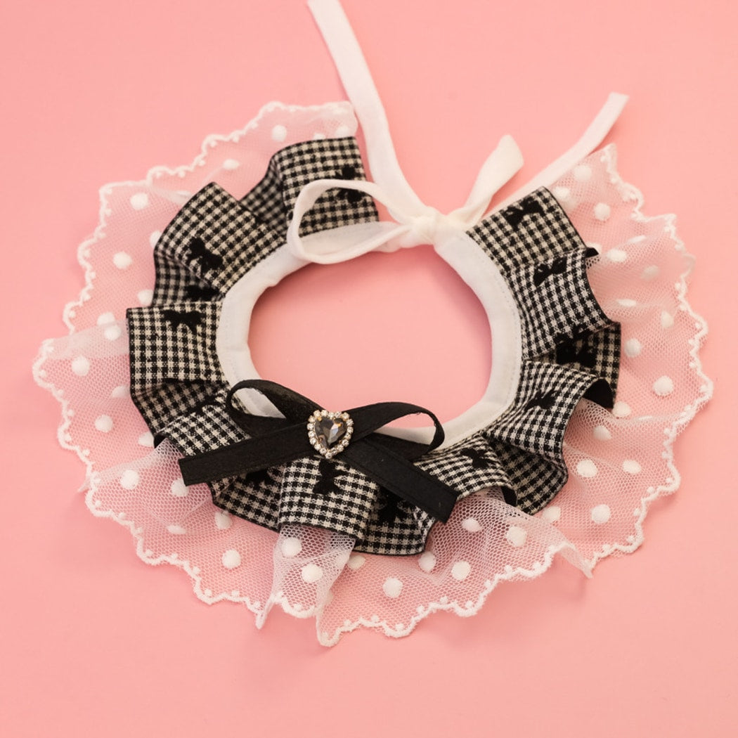 Mokka - Plaid Lace Ruffle Heart Accent Cat Collar