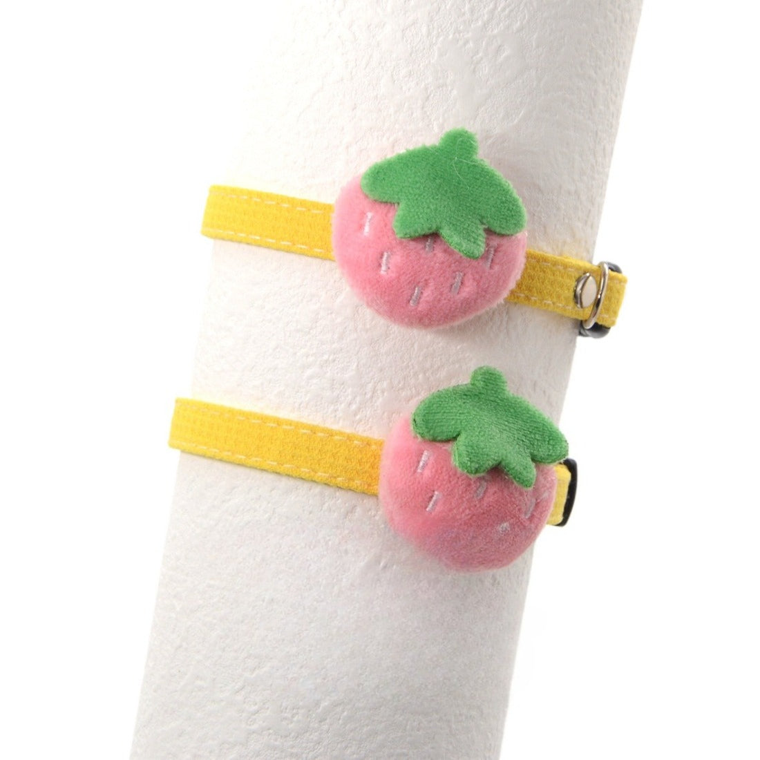 Mokka Strawberry Charm Breakaway Cat Collar with pink strawberry charm on a red adjustable strap