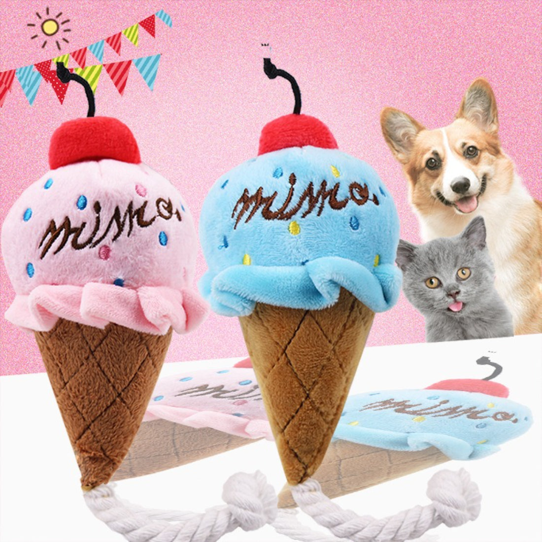 Petkin Ice Cream Plush Rope Dog Toy held in hand, highlighting size and texture