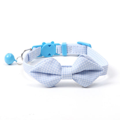 Side view of Mokka gingham bow tie cat collar with attached bell