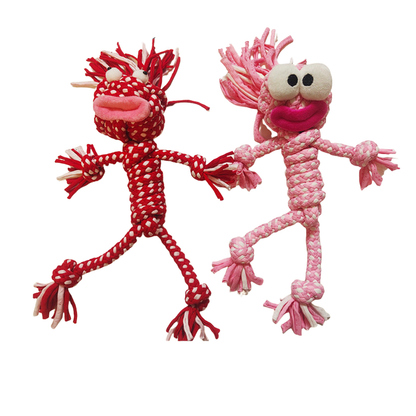 Red-and-white and pink-and-white braided character rope dog toys displayed together