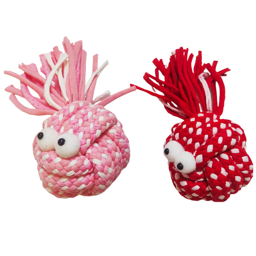 Red Woven and Pink Braided round braided dog toys displayed together