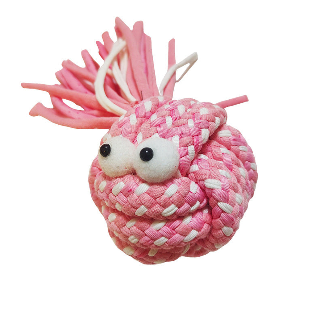 Pink Braided round braided dog toy with white accents