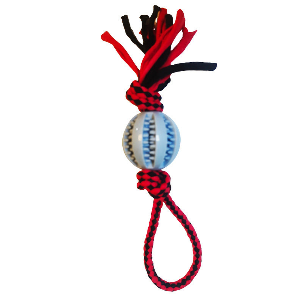 Red ball-and-rope dog toy, front view