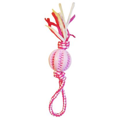 Pink ball-and-rope dog toy, front view