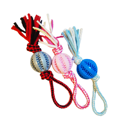 Red, pink, and blue ball-and-rope dog toys displayed together on a white background