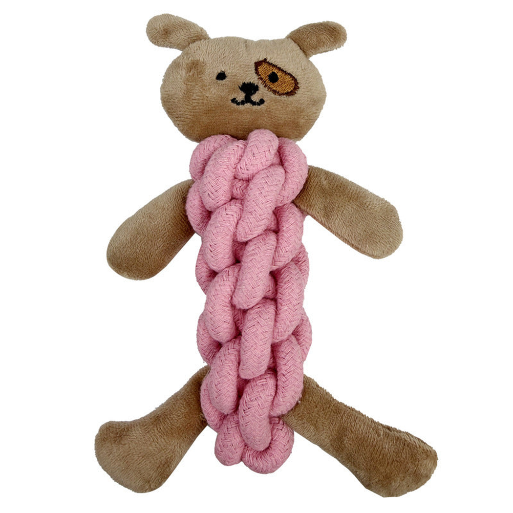 Dog style plush dog toy with braided body, front view