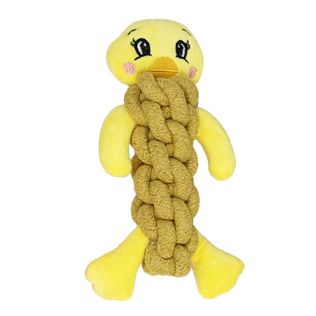 Duck style plush dog toy with braided body, front view