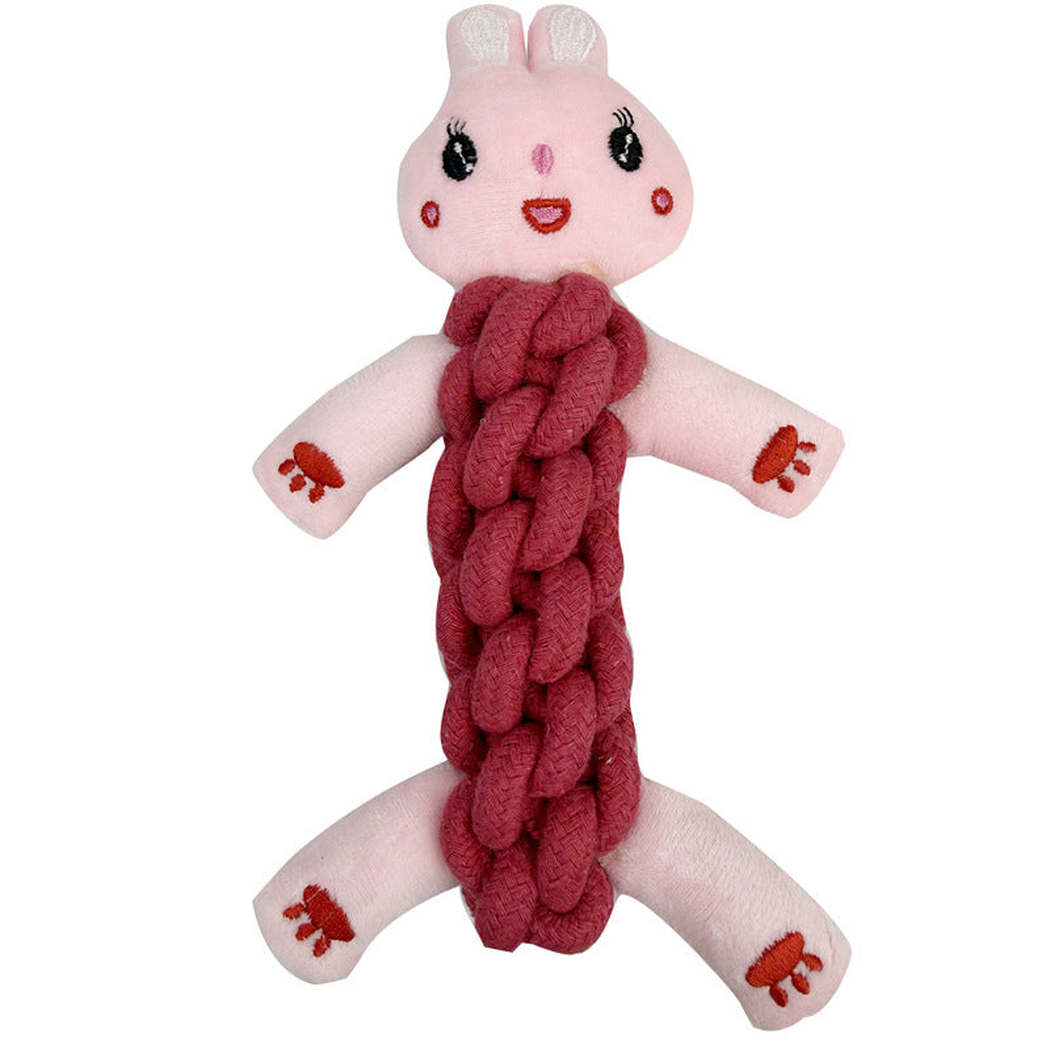 Rabbit style plush dog toy with braided body, front view
