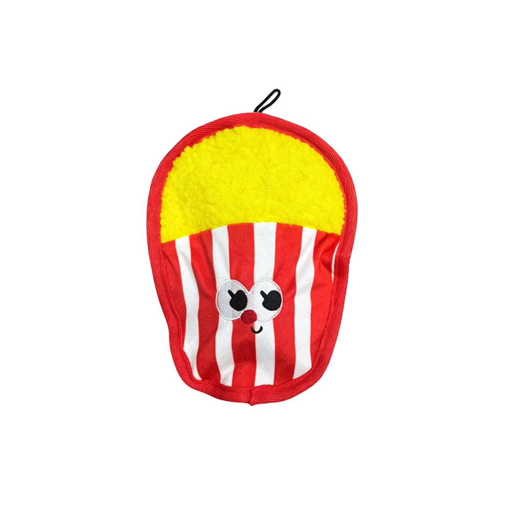 Popcorn carton plush dog toy, front view