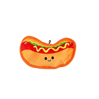 Hot dog plush dog toy, front view