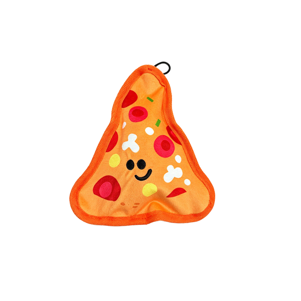 Pizza slice plush dog toy, front view
