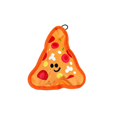 Pizza slice plush dog toy, front view
