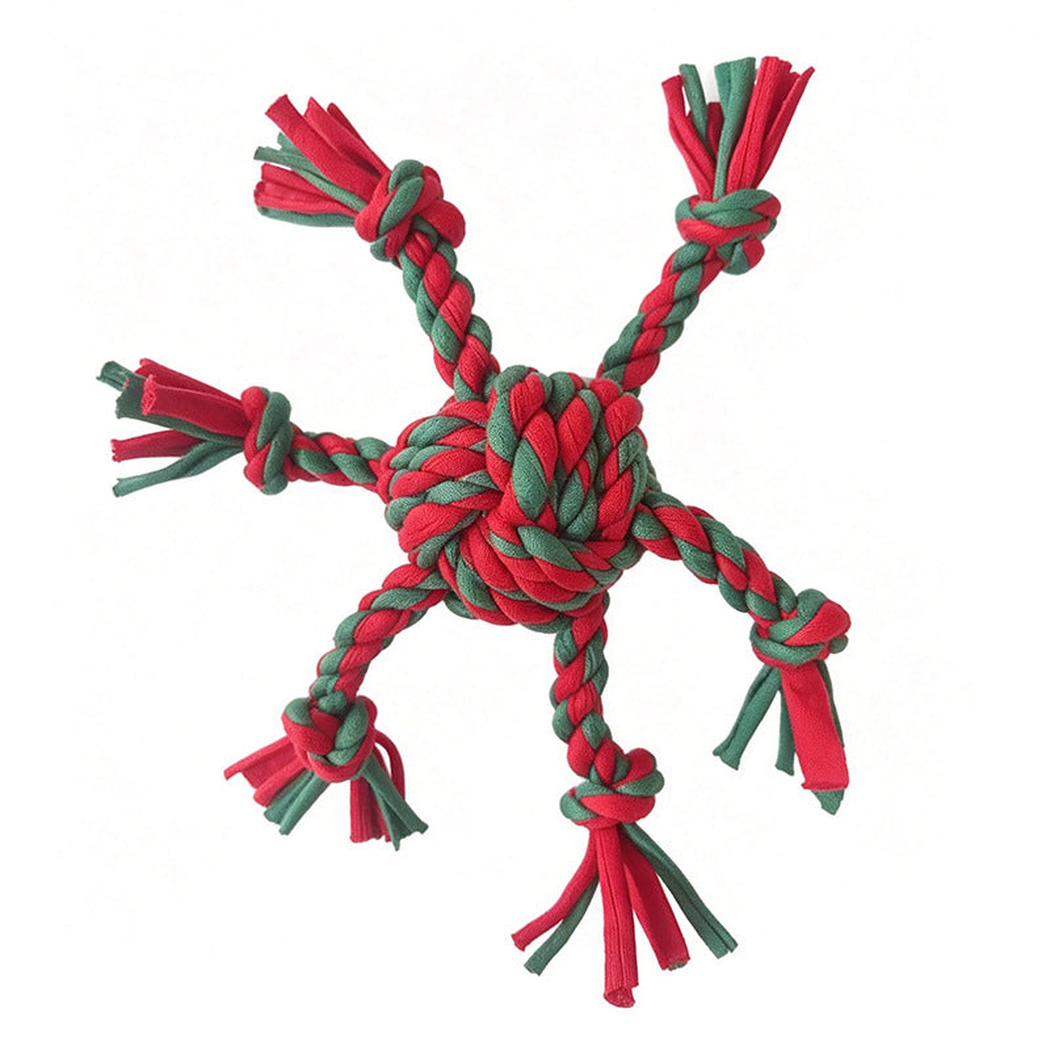 Red and green braided rope dog toy with a central knot and tassel ends