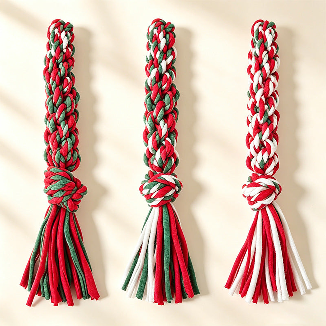 Red, white, and green braided rope dog toys displayed upright