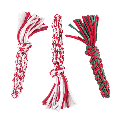 Braided rope dog toys shown in different orientations and color combinations