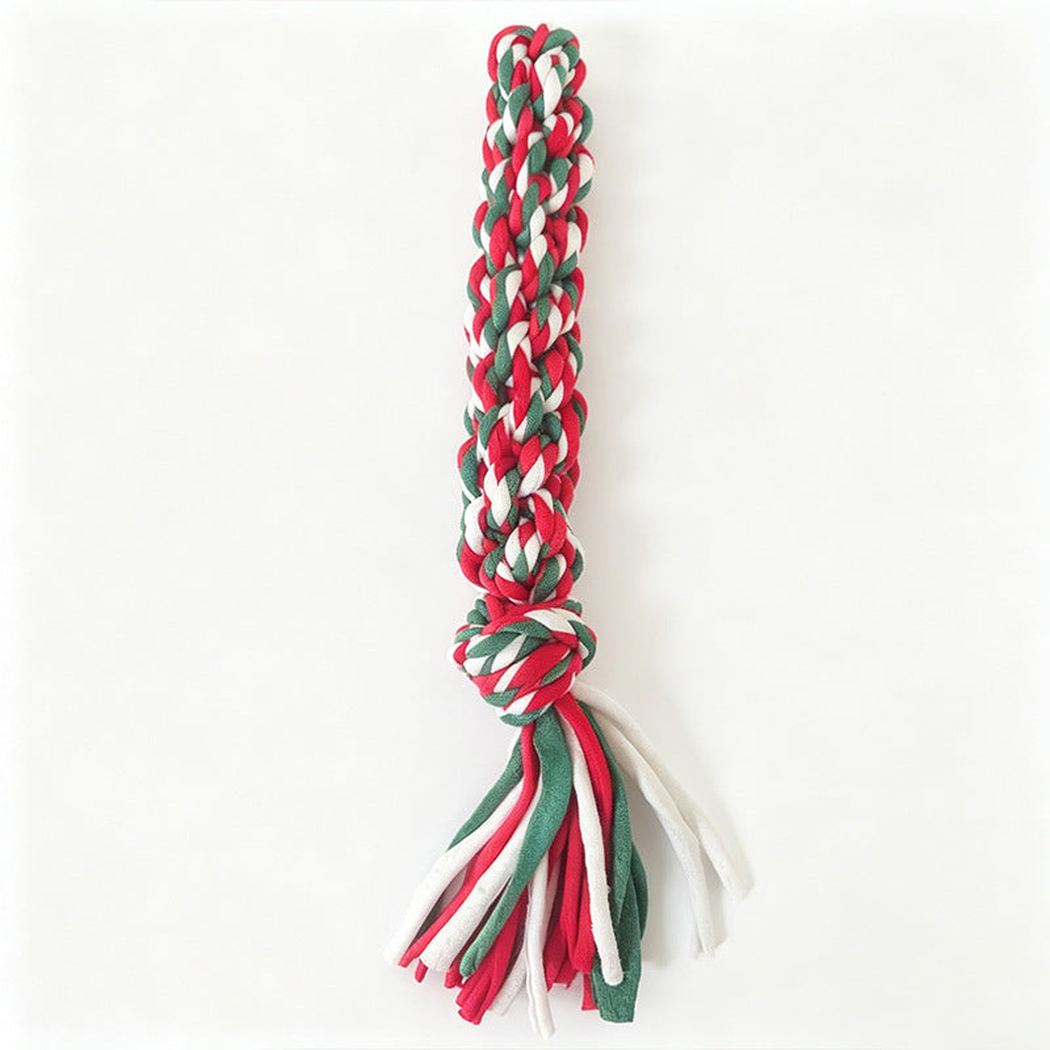 Red, white, and green braided rope dog toy with a knotted section and loose tails