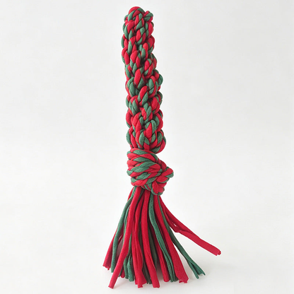 Red and green braided rope dog toy with a knotted section and loose tails