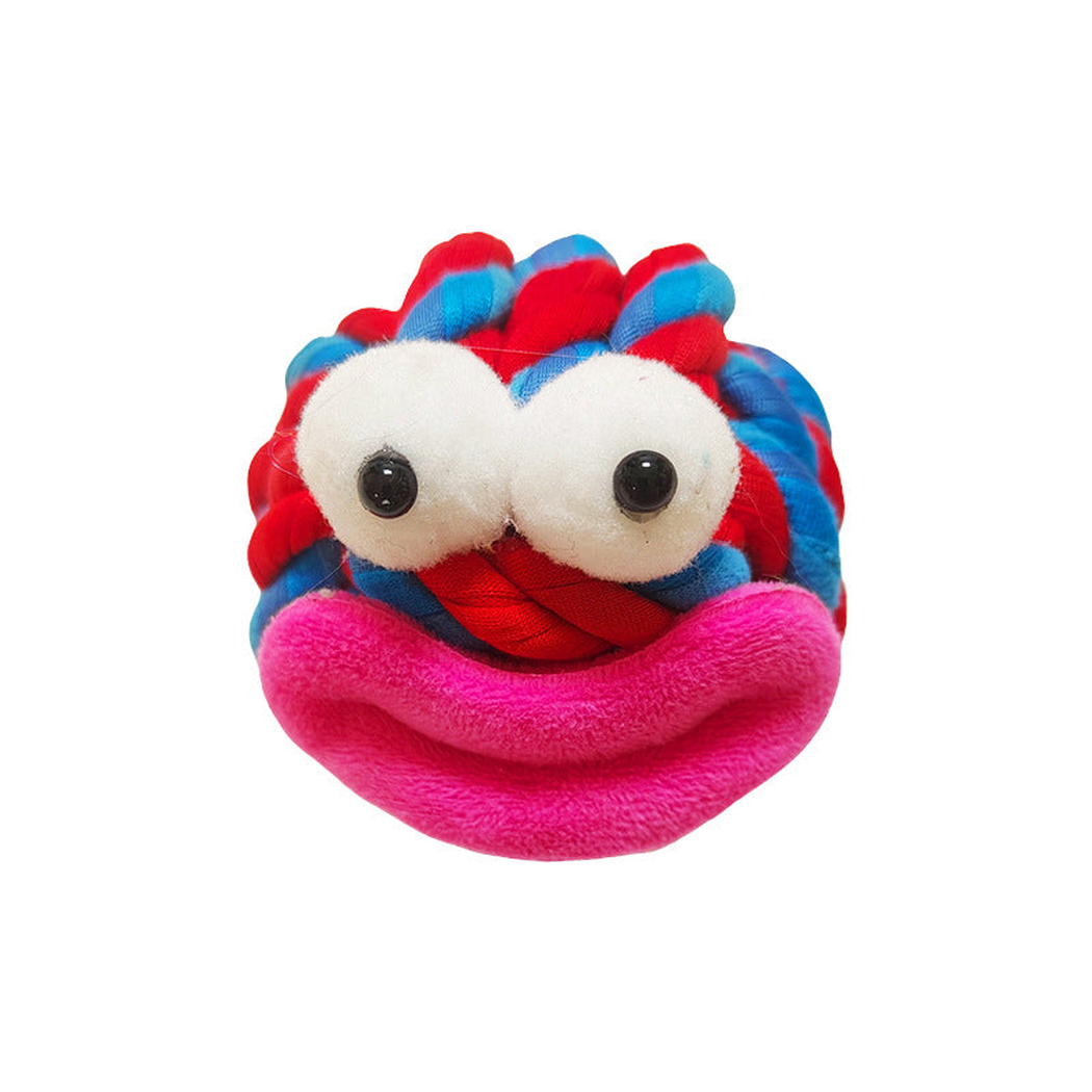 White Eyes plush dog toy with a red and blue braided body, front view