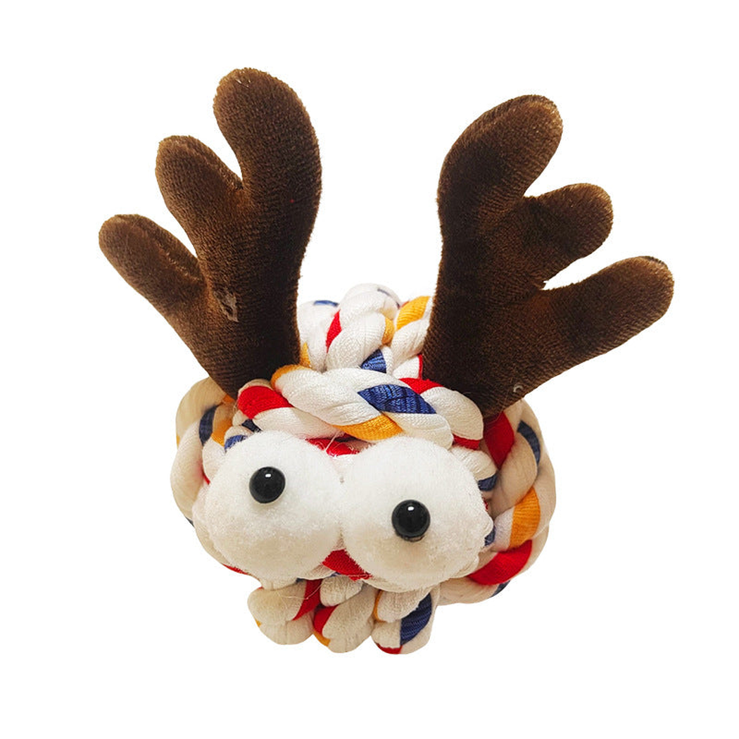 Brown Antlers plush dog toy with white and multicolor braided body, front view