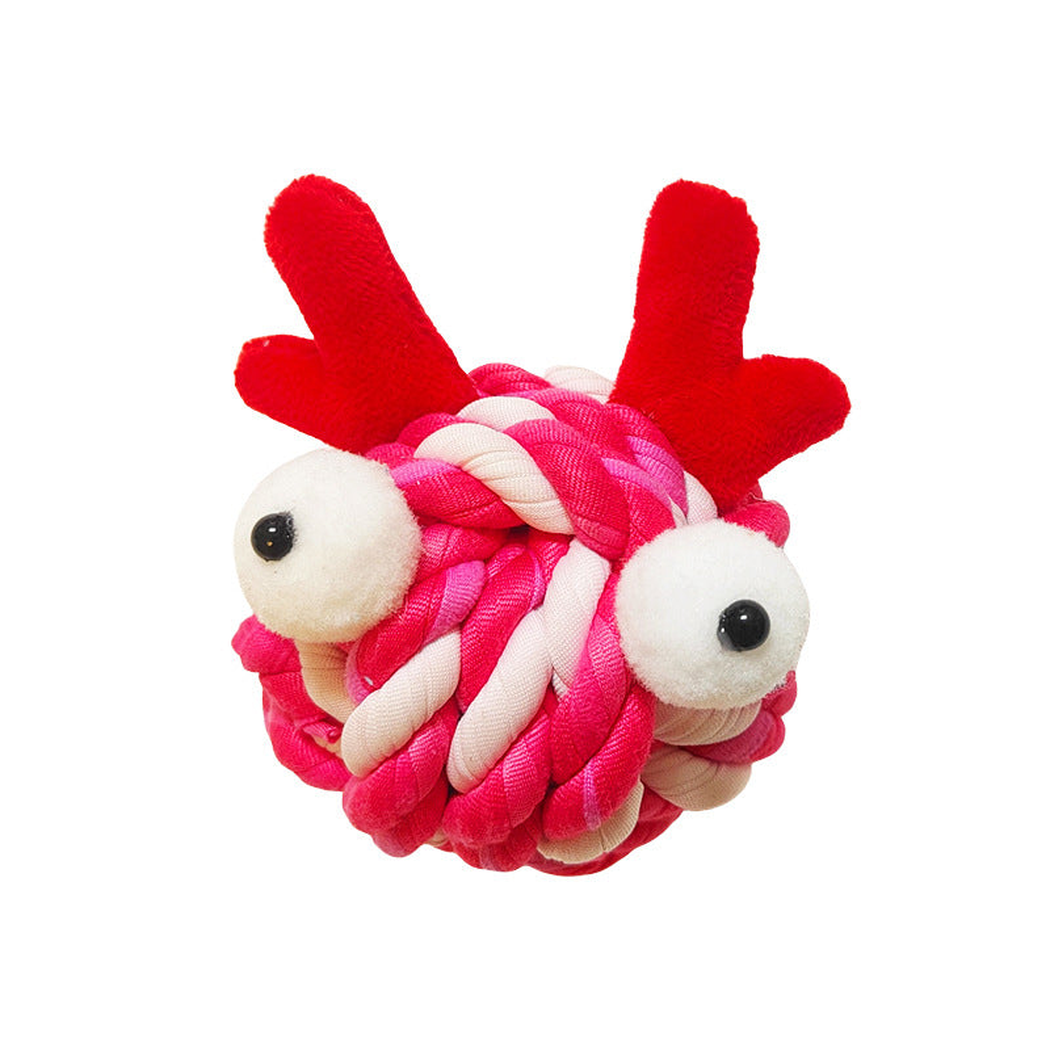 Red Antlers plush dog toy with pink and cream braided body, front view