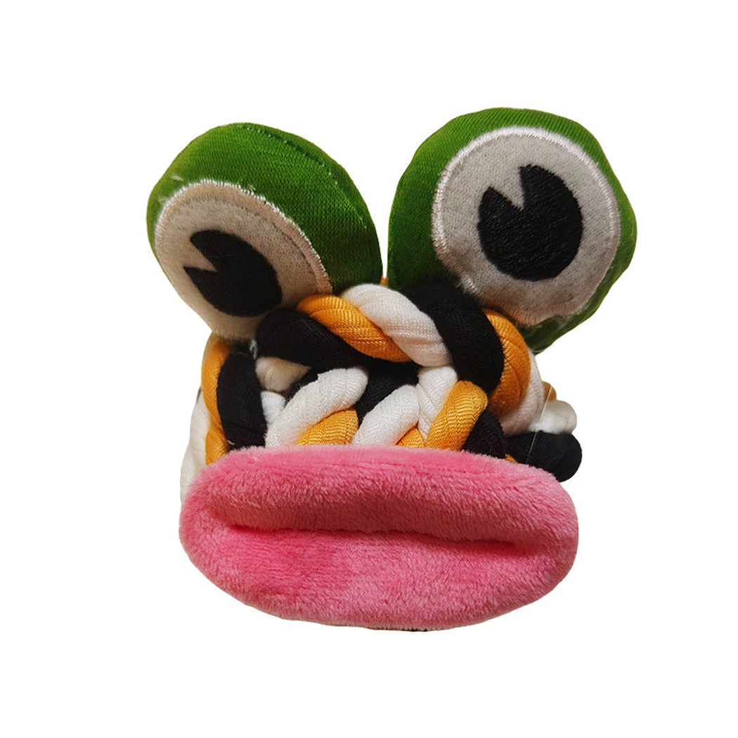 Green Mouth plush dog toy with round green appendages, front view