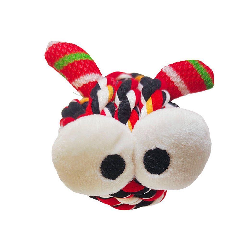 Striped Appendages plush dog toy with red, green, and white striped appendages, front view