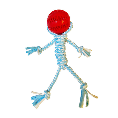 Blue-and-white braided rope dog toy with a red ball head, front view