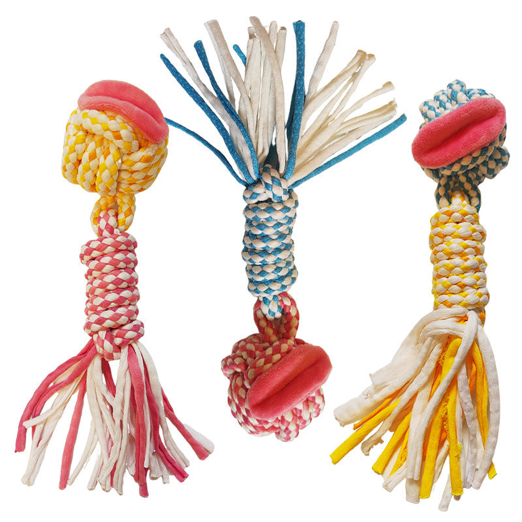 Blue, pink, and yellow braided rope dog toys with ball ends and loose strands displayed together