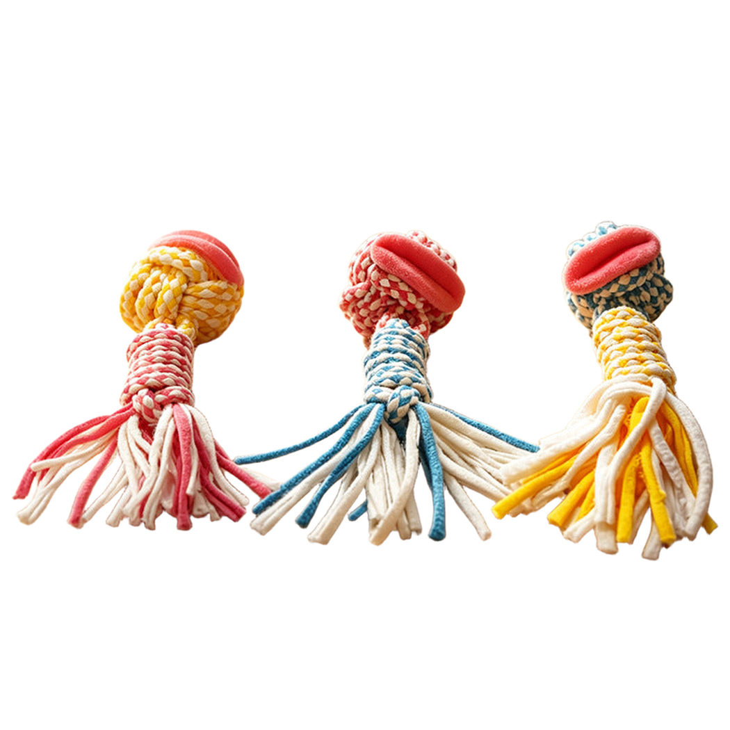 Three braided rope dog toys with ball ends and loose strands on a table, with a dog in the background