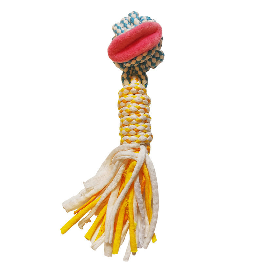 Yellow Strands braided rope dog toy with a ball end and loose strands