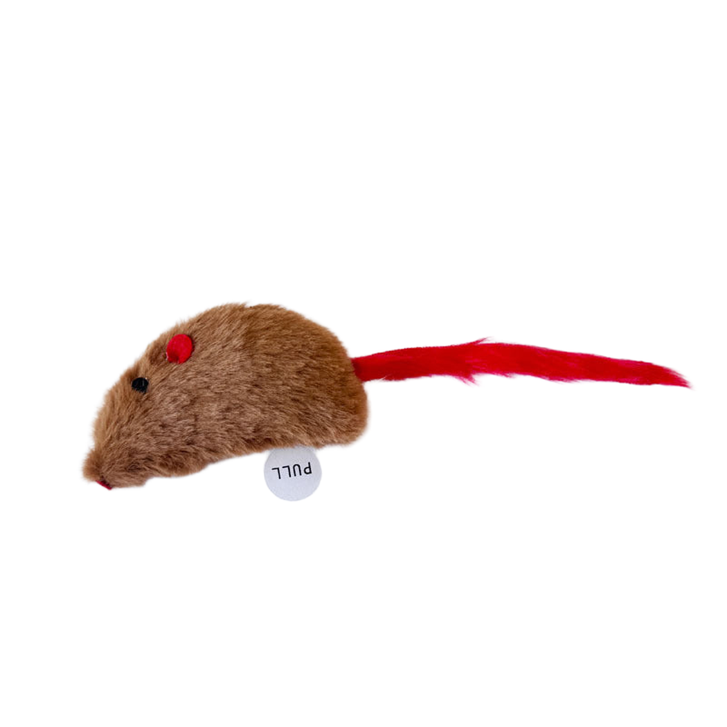 Brown plush mouse cat toy with red feather tail