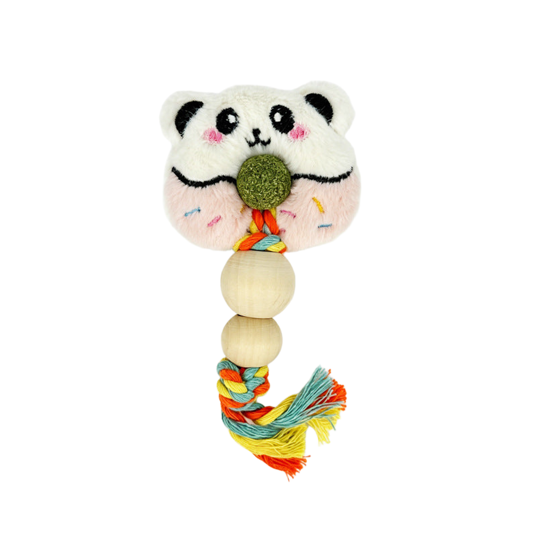 Panda cat toy with an embroidered face, central green ball, two rounded beads and a multicolored braided tassel.