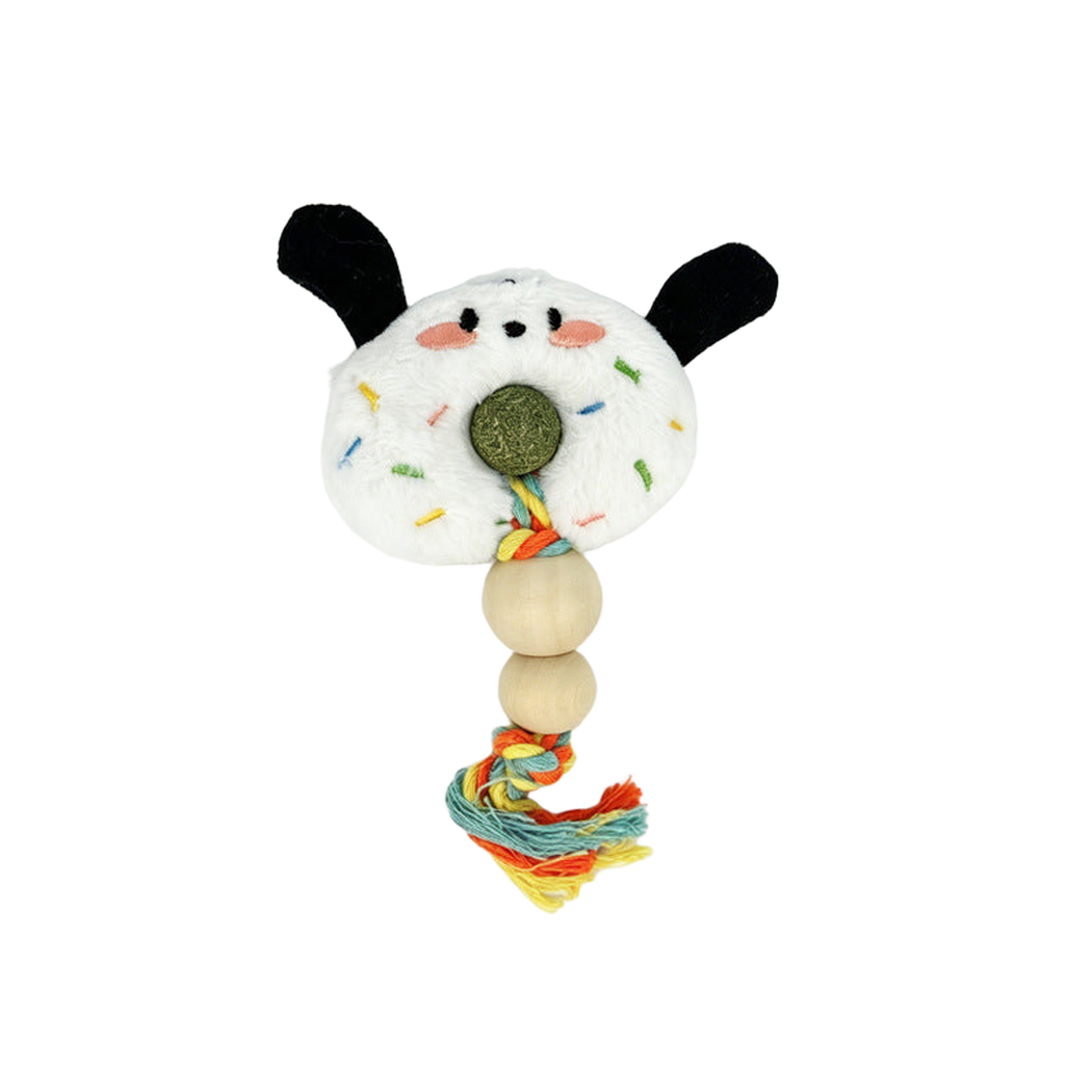 Dog cat toy with long black ears, a central green ball, two rounded beads and a multicolored braided tassel.
