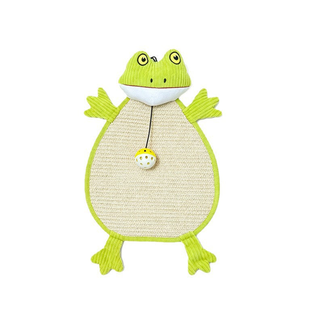 Green frog-shaped cat scratcher with a textured cream center and attached yellow-and-white ball
