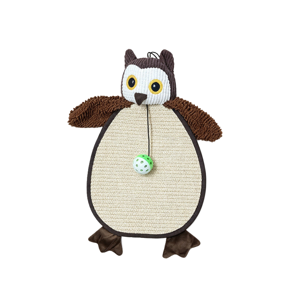 Brown owl-shaped cat scratcher with yellow-ringed eyes, a textured cream center, and attached green-and-white ball