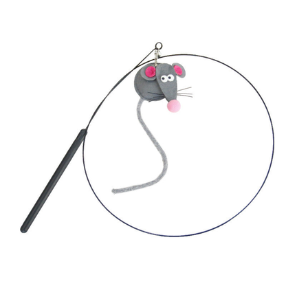Cat teaser wand with a black handle and gray mouse attachment with pink ears and nose and a long gray tail.
