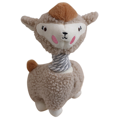 Beige alpaca dog toy with a gray and white rope neck, pink cheeks, and brown tuft and tail.