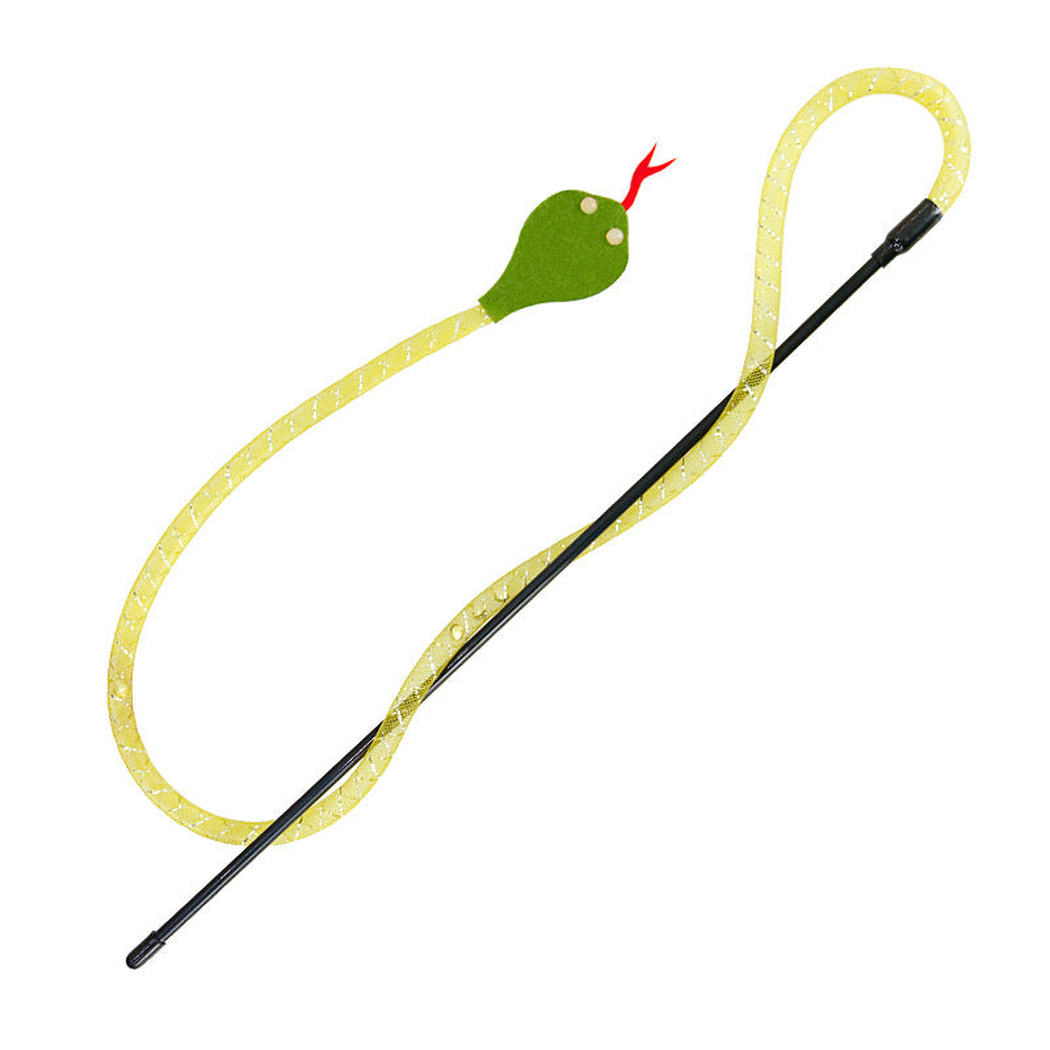 Round Eyes cat teaser wand with a yellow mesh body, green snake-shaped head and red forked tongue.