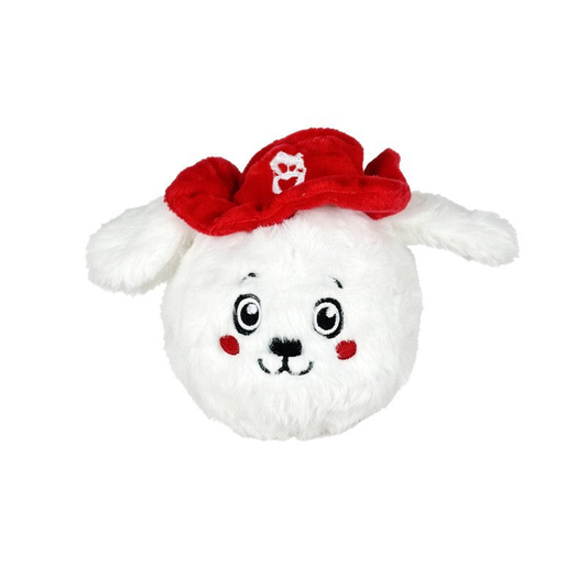 White dog character plush toy with floppy ears and a red hat, front view