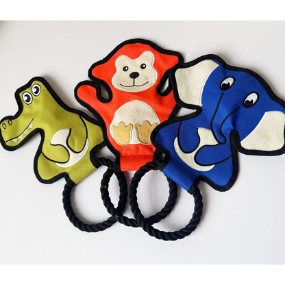 Green crocodile, red monkey and blue elephant rope dog toys displayed together