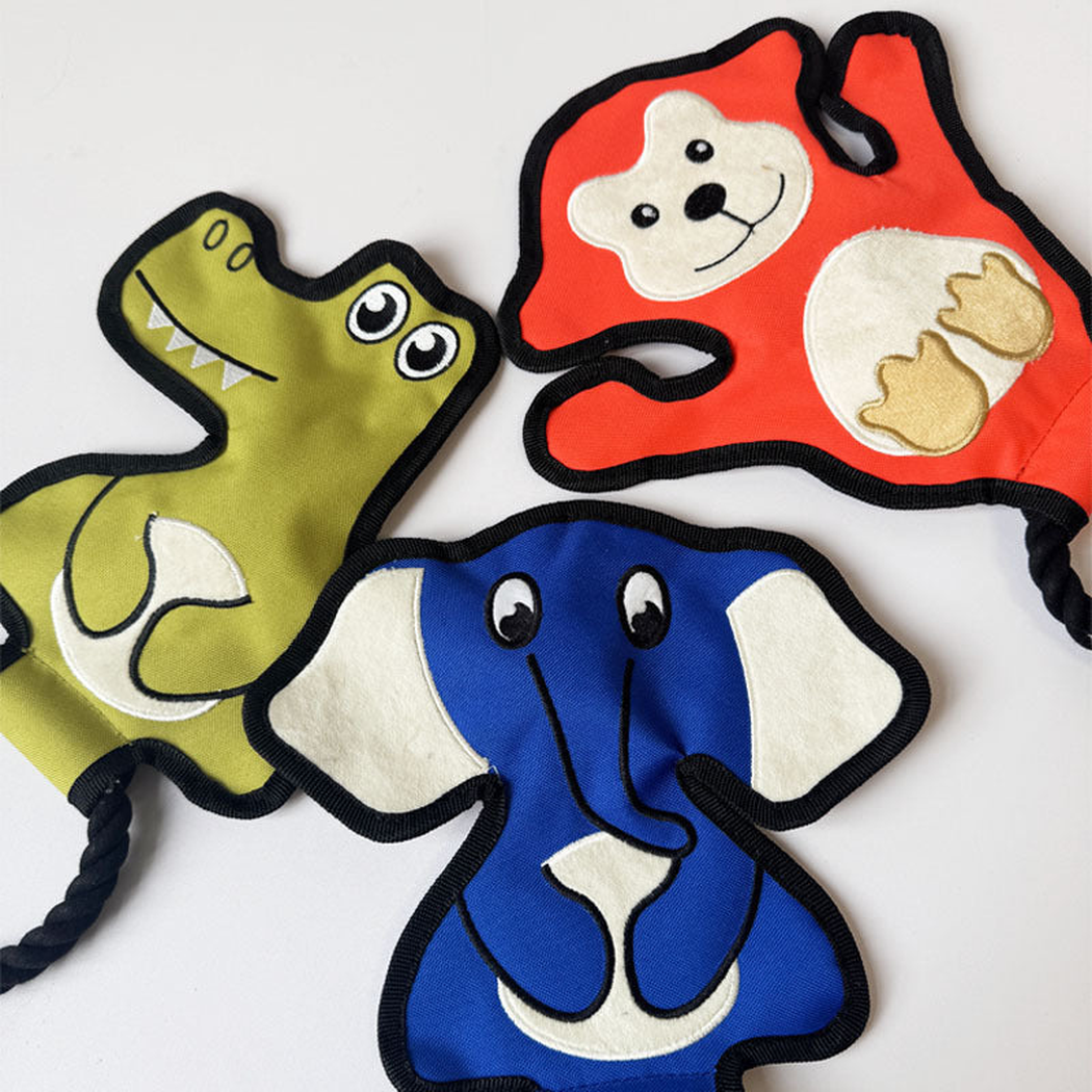 Close view of the crocodile, monkey and elephant rope dog toy designs