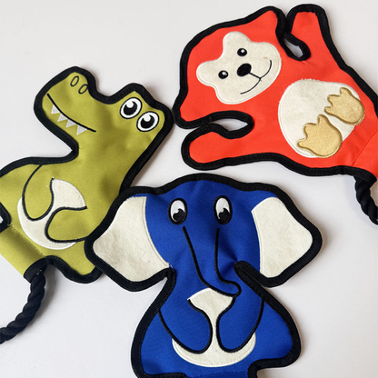 Close view of the crocodile, monkey and elephant rope dog toy designs