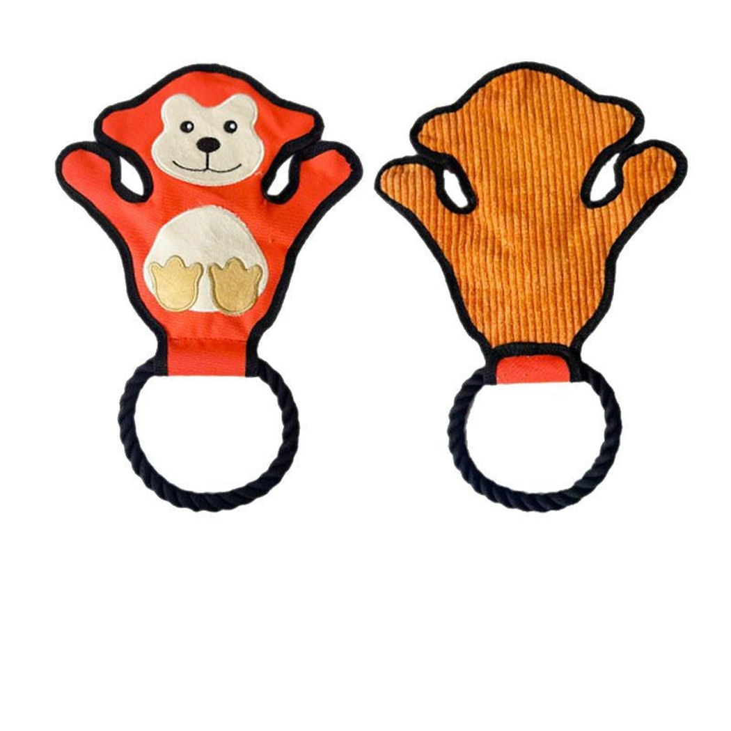 Red monkey rope dog toy with front and orange ribbed back views