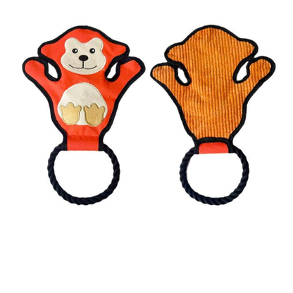 Red monkey rope dog toy with front and orange ribbed back views